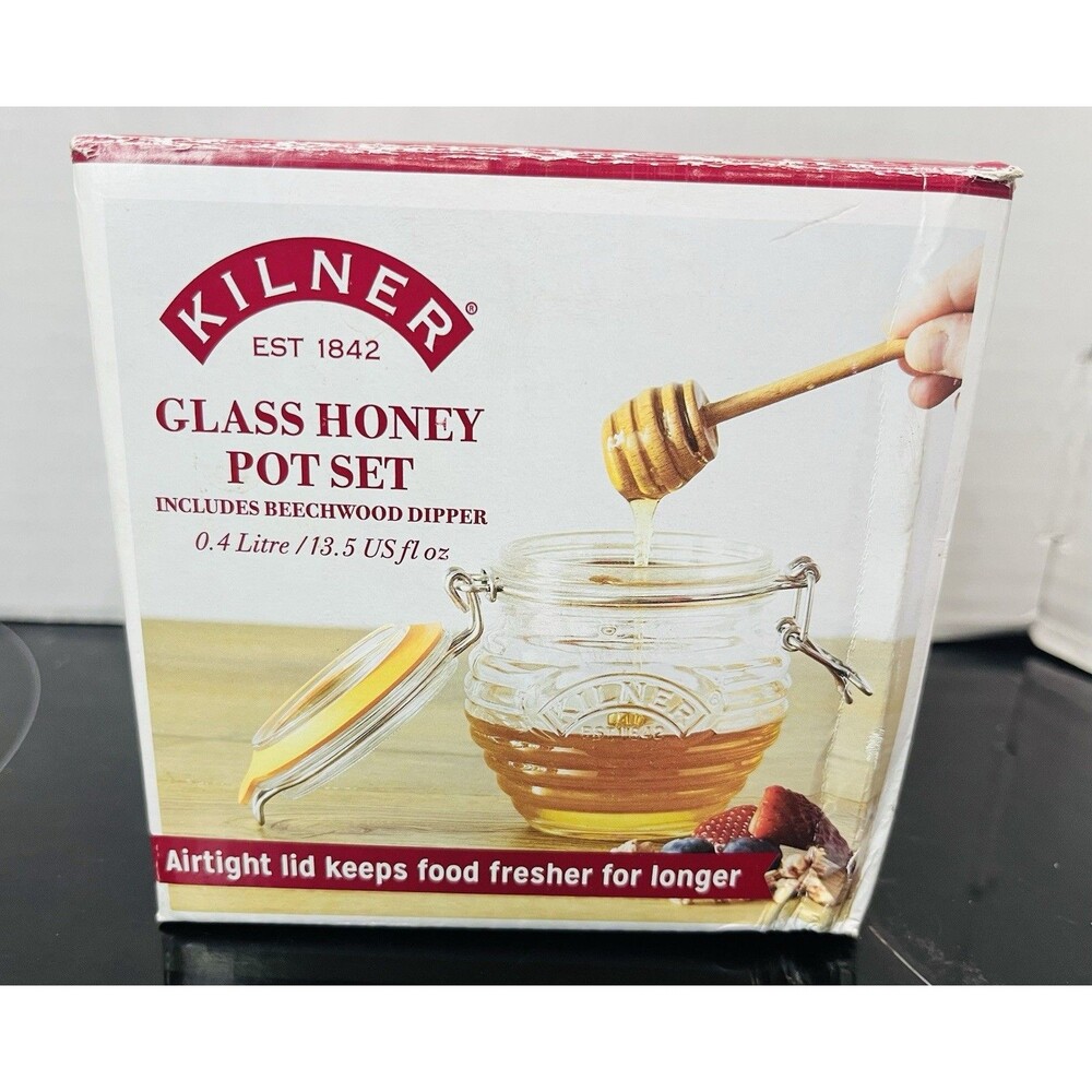 Kilner Honey Pot With Dipper 13.5 Fluid Ounces Glass Storage W /Clip Lid